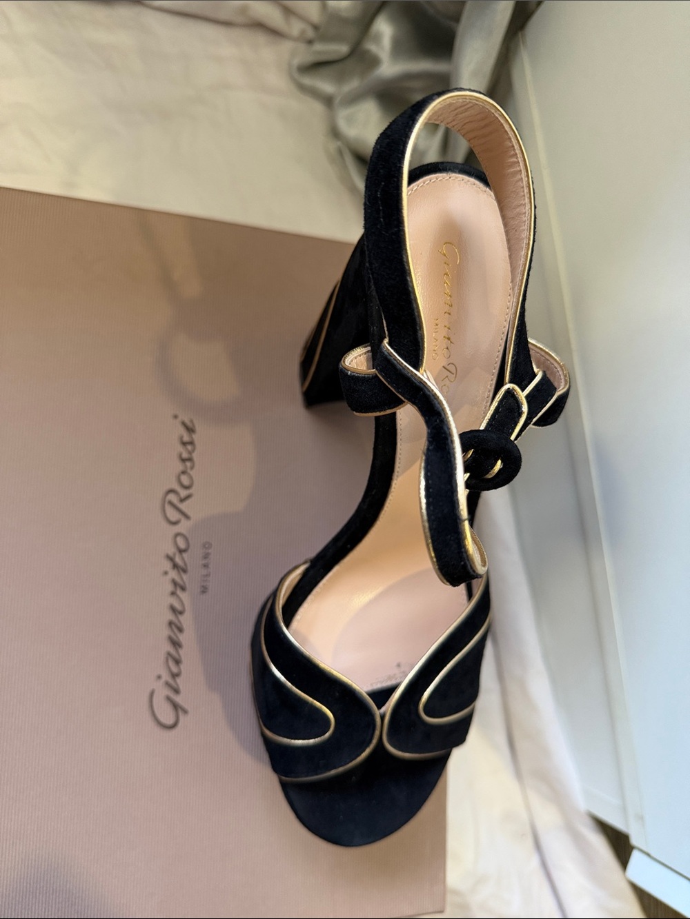 Gianvito Rossi Black Velvet Slingback Heels with Gold Trim